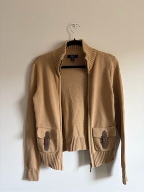 CHAPS Tan Zip-Front Cotton Cardigan Sweater